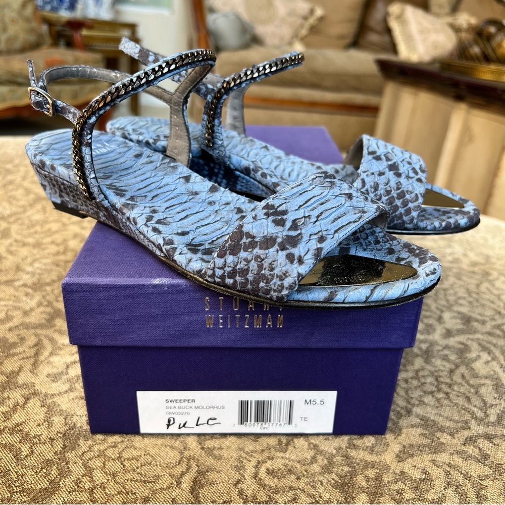 Vintage Stuart Weitzman Sweeper Seabuck Molorrus Blue Black Sandal Shoe Sz 5.5
